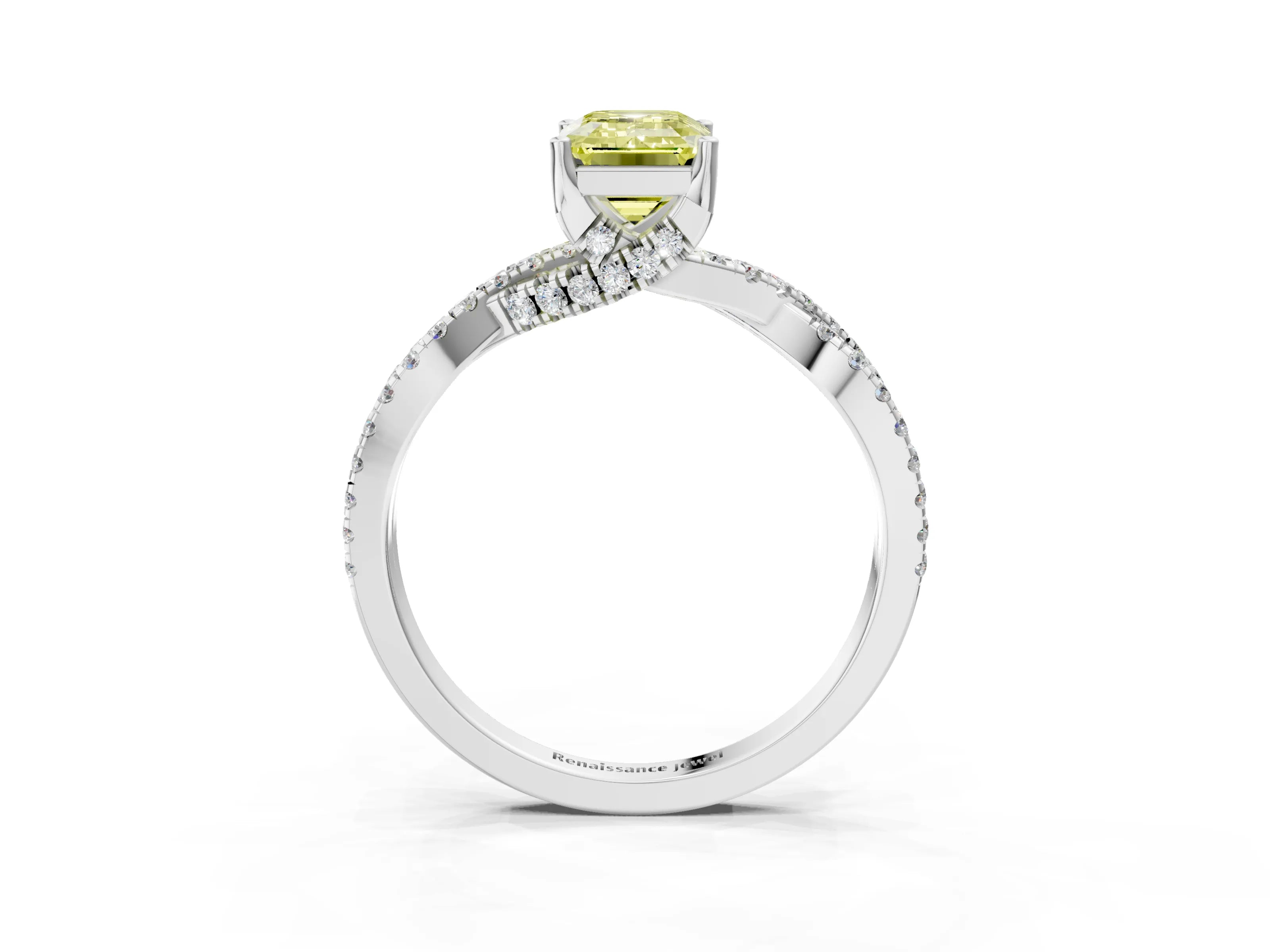 White gold Fancy Yellow Emerald Cut Solitaire Twist Pave Diamond Engagement Ring with Prong Setting_3