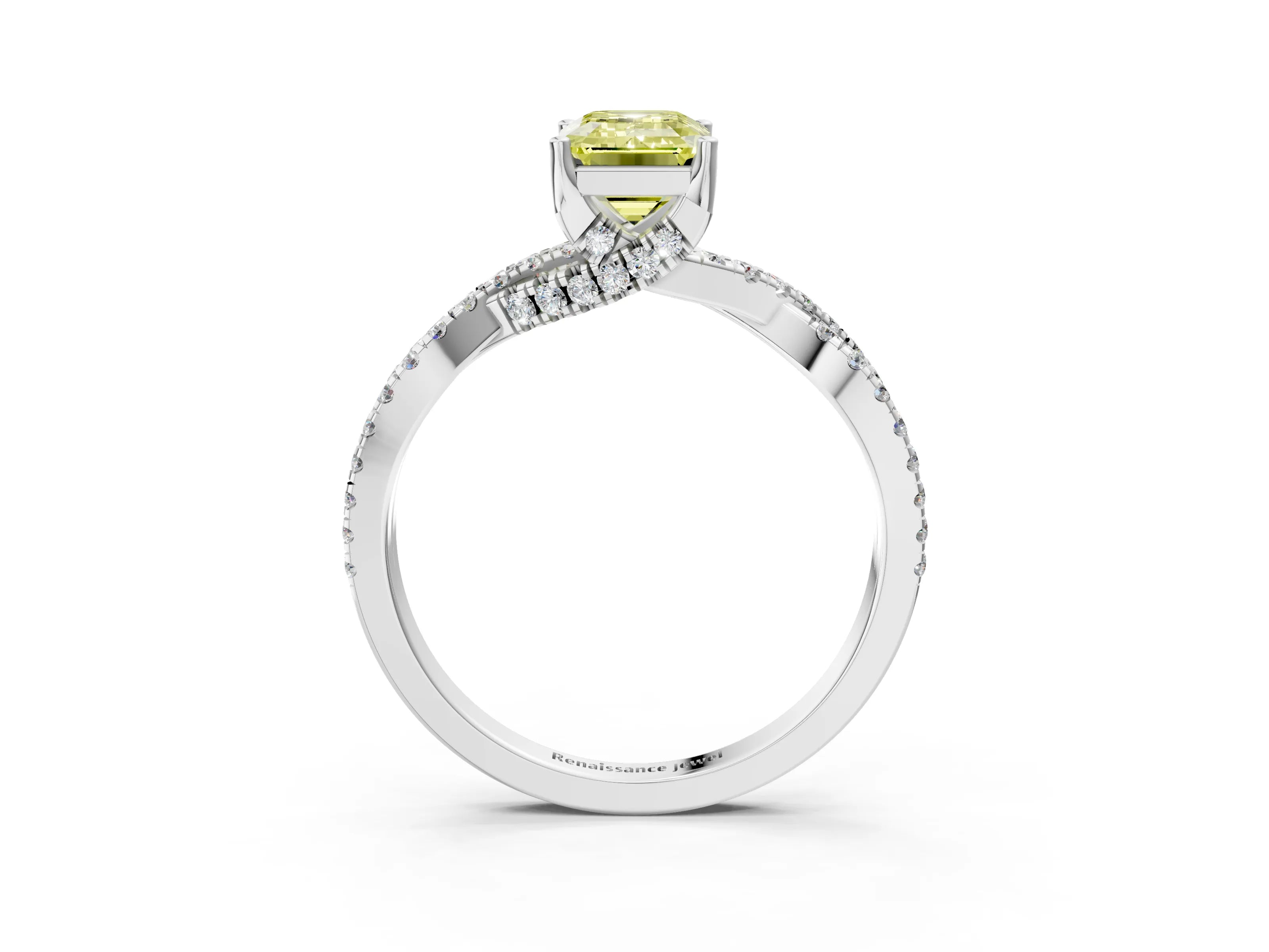 White gold Fancy Yellow Emerald Cut Solitaire Twist Pave Diamond Engagement Ring with Prong Setting_3