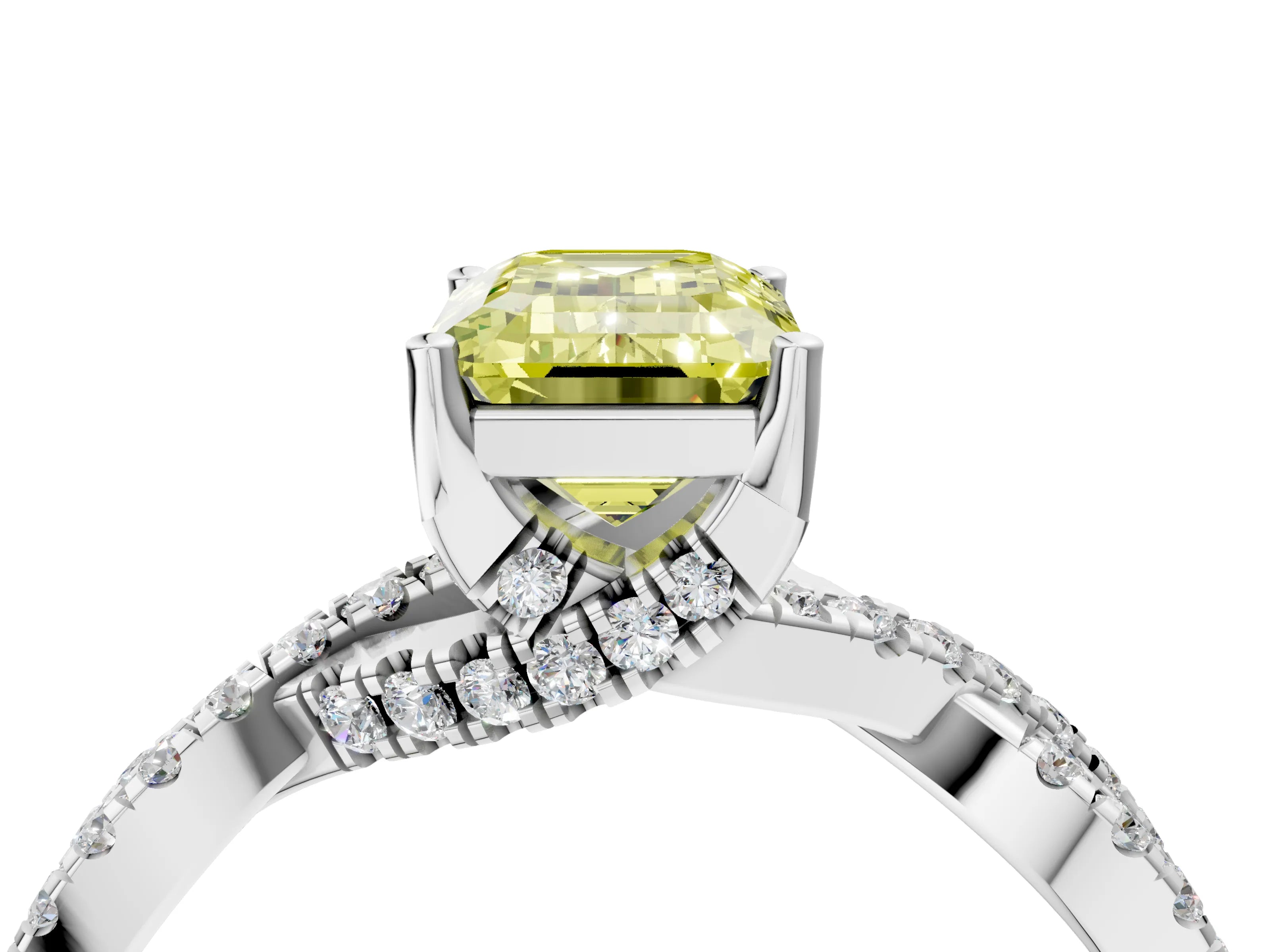 White gold Fancy Yellow Emerald Cut Solitaire Twist Pave Diamond Engagement Ring with Prong Setting_4