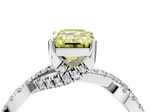 White gold Fancy Yellow Emerald Cut Solitaire Twist Pave Diamond Engagement Ring with Prong Setting_4