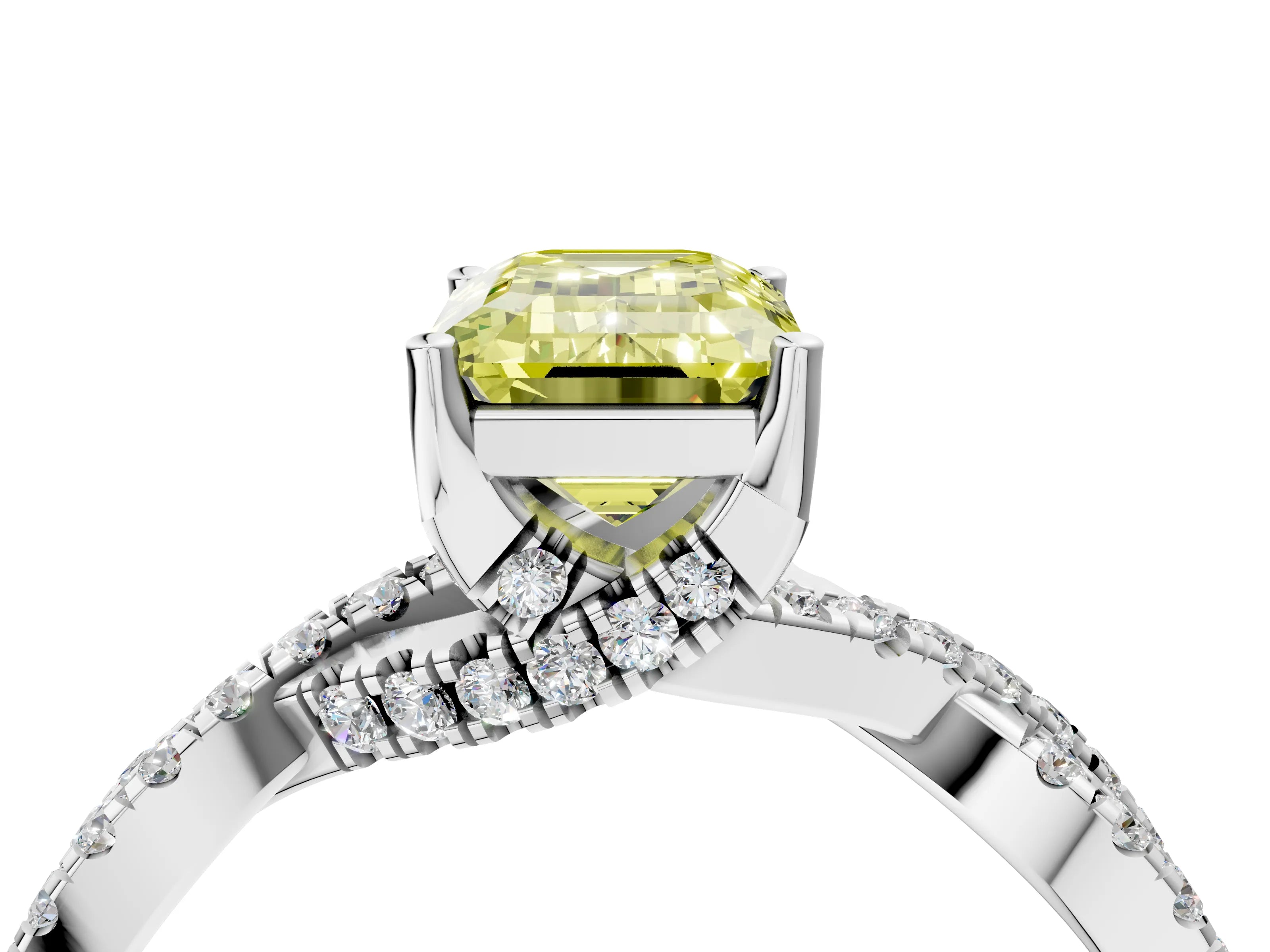 White gold Fancy Yellow Emerald Cut Solitaire Twist Pave Diamond Engagement Ring with Prong Setting_4