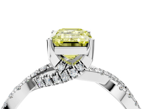 White gold Fancy Yellow Emerald Cut Solitaire Twist Pave Diamond Engagement Ring with Prong Setting_4