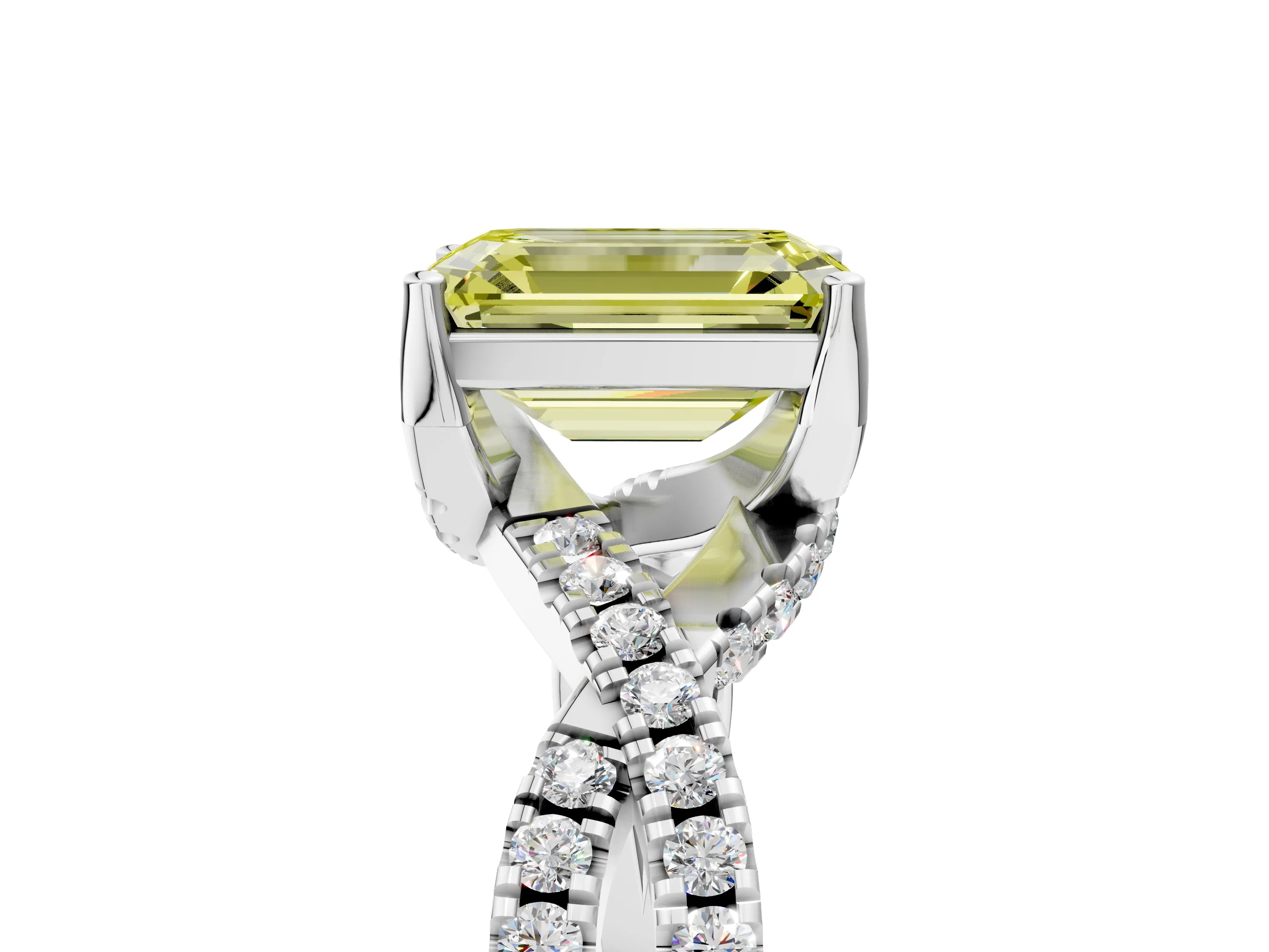 White gold Fancy Yellow Emerald Cut Solitaire Twist Pave Diamond Engagement Ring with Prong Setting_5