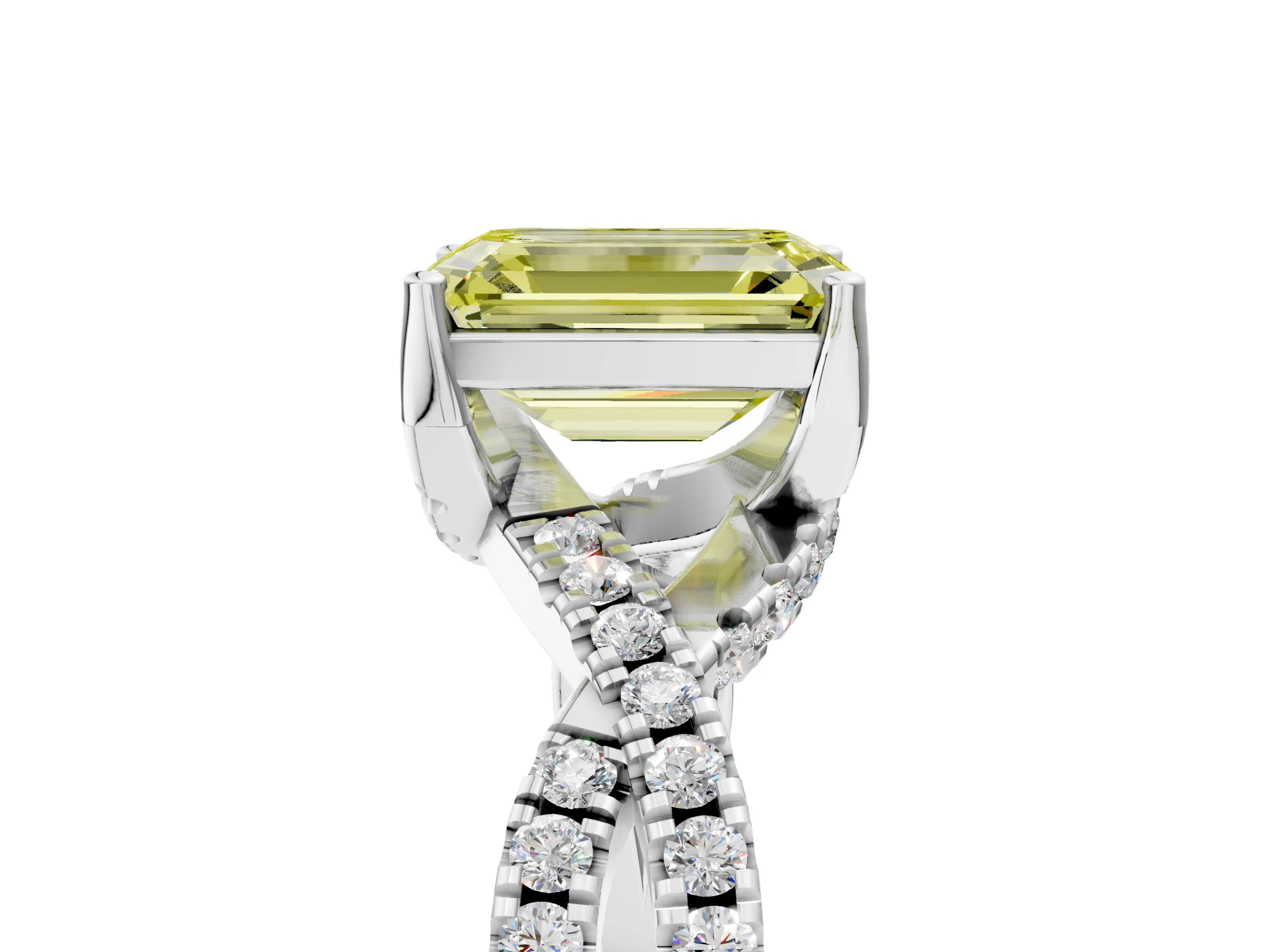 White gold Fancy Yellow Emerald Cut Solitaire Twist Pave Diamond Engagement Ring with Prong Setting_5