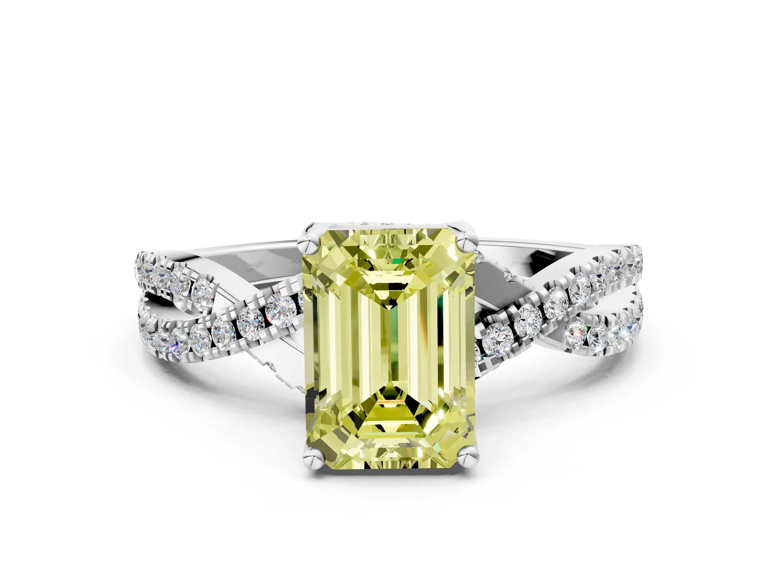 White gold Fancy Yellow Emerald Cut Solitaire Twist Pave Diamond Engagement Ring with Prong Setting