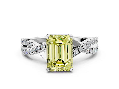 White gold Fancy Yellow Emerald Cut Solitaire Twist Pave Diamond Engagement Ring with Prong Setting