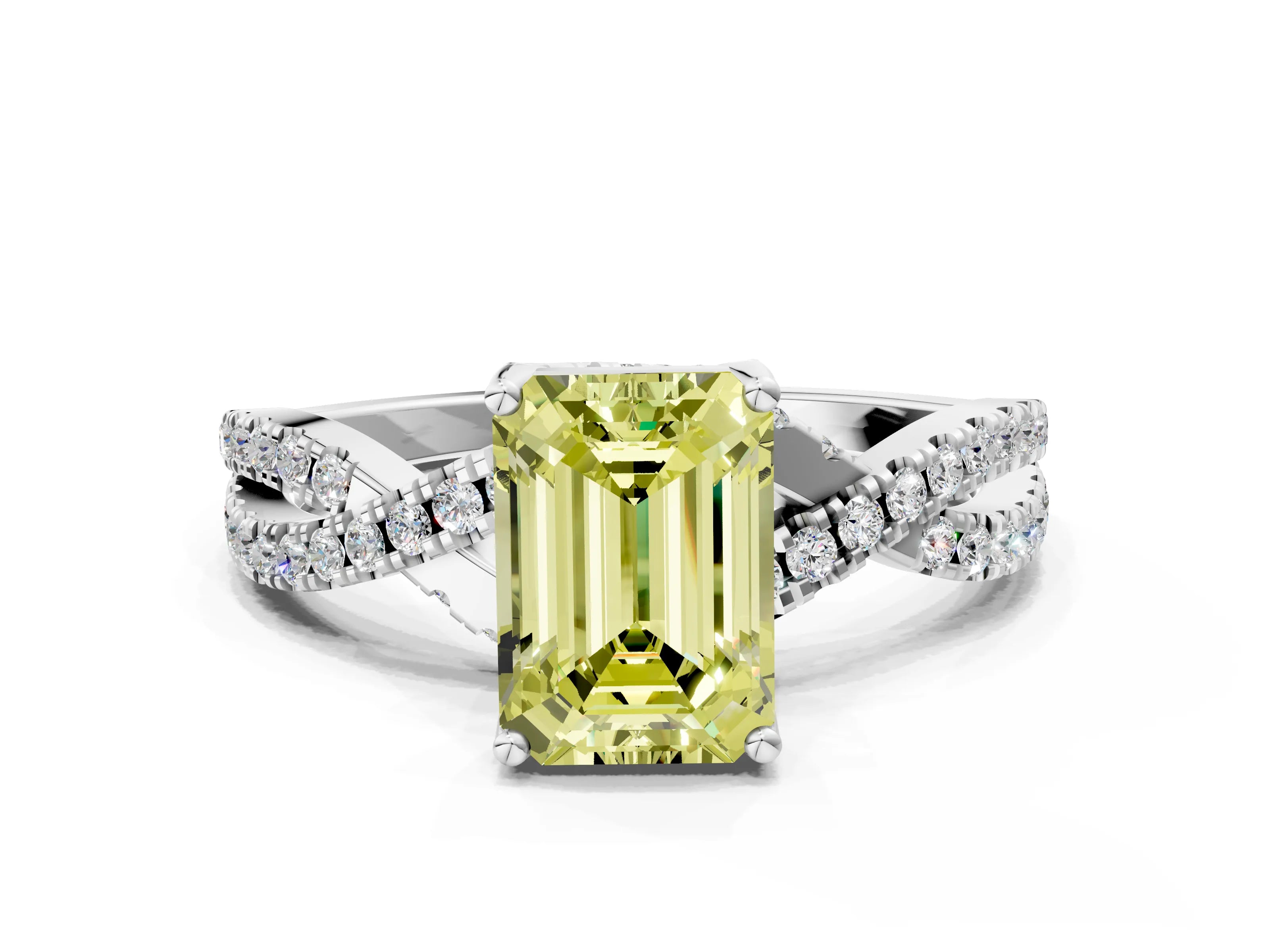 White gold Fancy Yellow Emerald Cut Solitaire Twist Pave Diamond Engagement Ring with Prong Setting