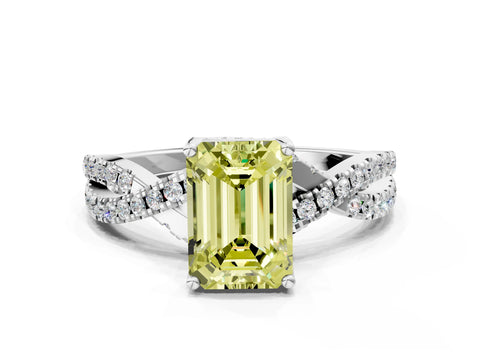 White gold Fancy Yellow Emerald Cut Solitaire Twist Pave Diamond Engagement Ring with Prong Setting