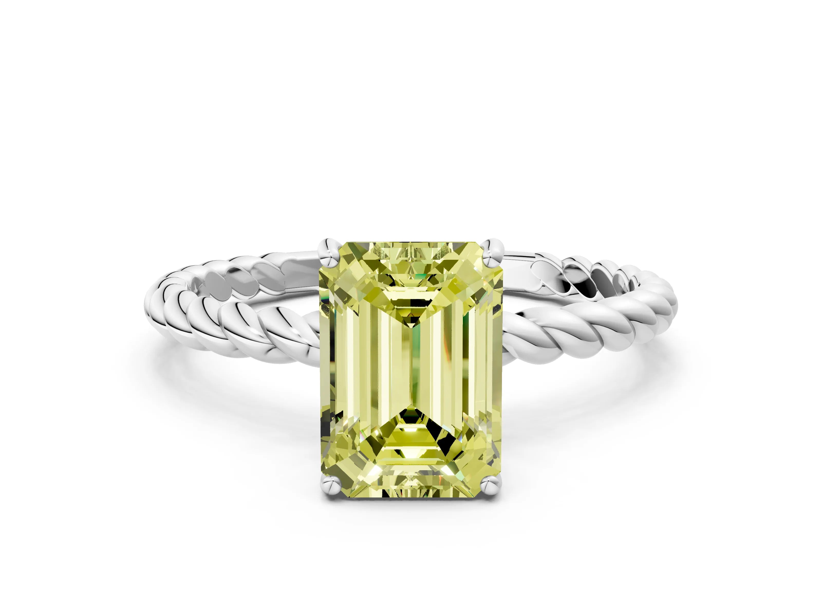 White gold Fancy Yellow Emerald Cut Solitaire Twisted Band 4-Prong Ring_36