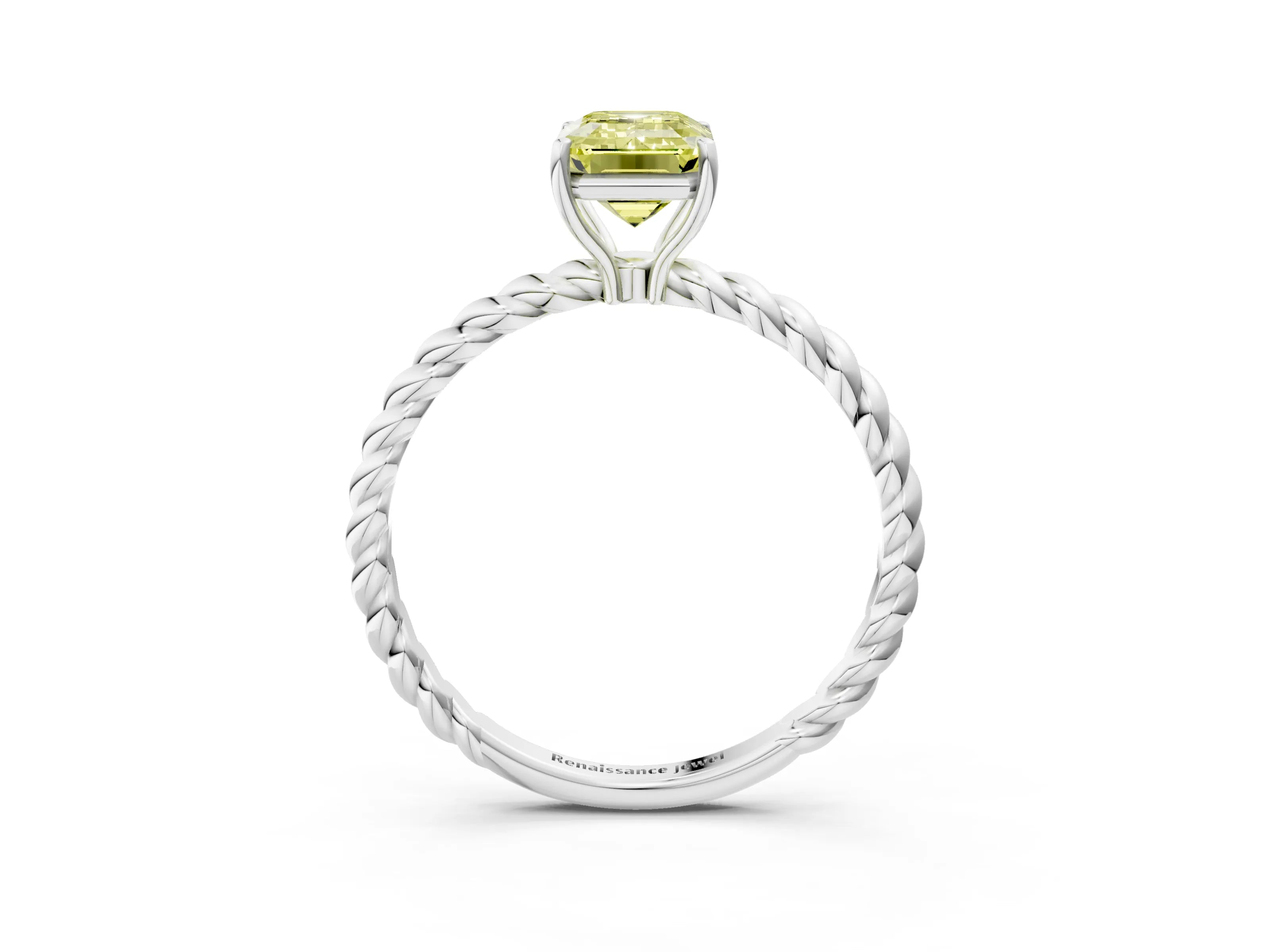 White gold Fancy Yellow Emerald Cut Solitaire Twisted Band 4-Prong Ring_39