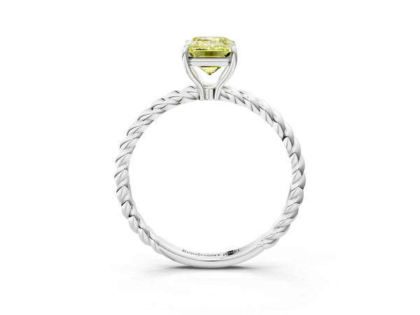 White gold Fancy Yellow Emerald Cut Solitaire Twisted Band 4-Prong Ring