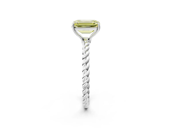 White gold Fancy Yellow Emerald Cut Solitaire Twisted Band 4-Prong Ring