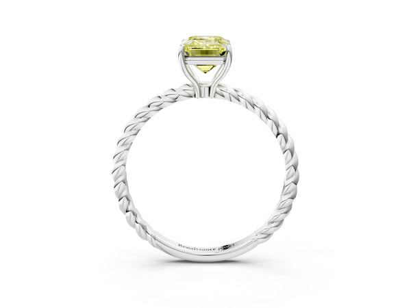 White gold Fancy Yellow Emerald Cut Solitaire Twisted Band 4-Prong Ring