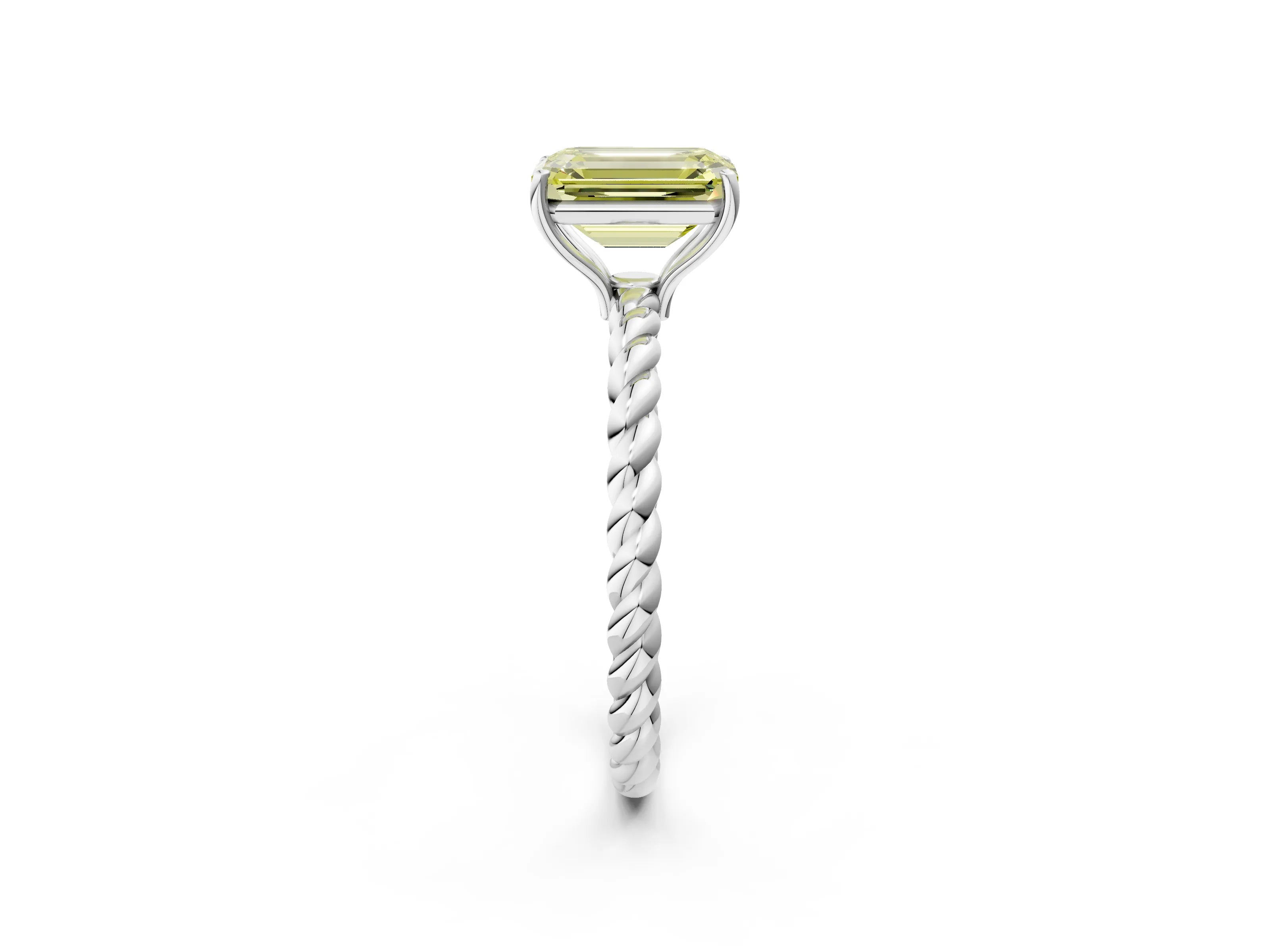 White gold Fancy Yellow Emerald Cut Solitaire Twisted Band 4-Prong Ring_50