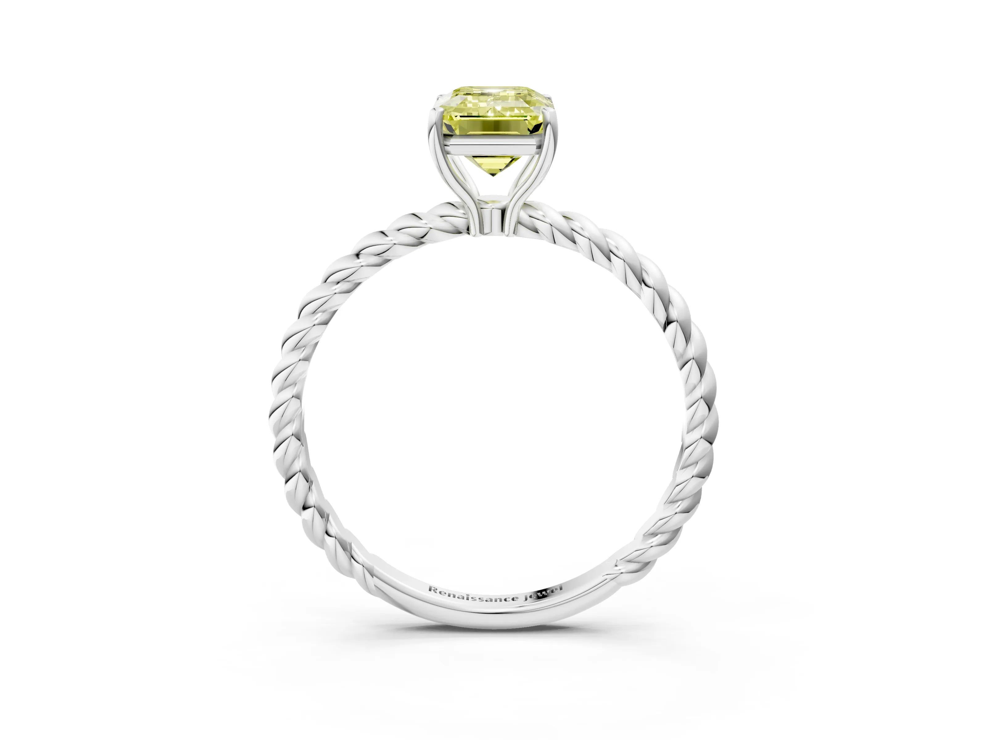 White gold Fancy Yellow Emerald Cut Solitaire Twisted Band 4-Prong Ring_51