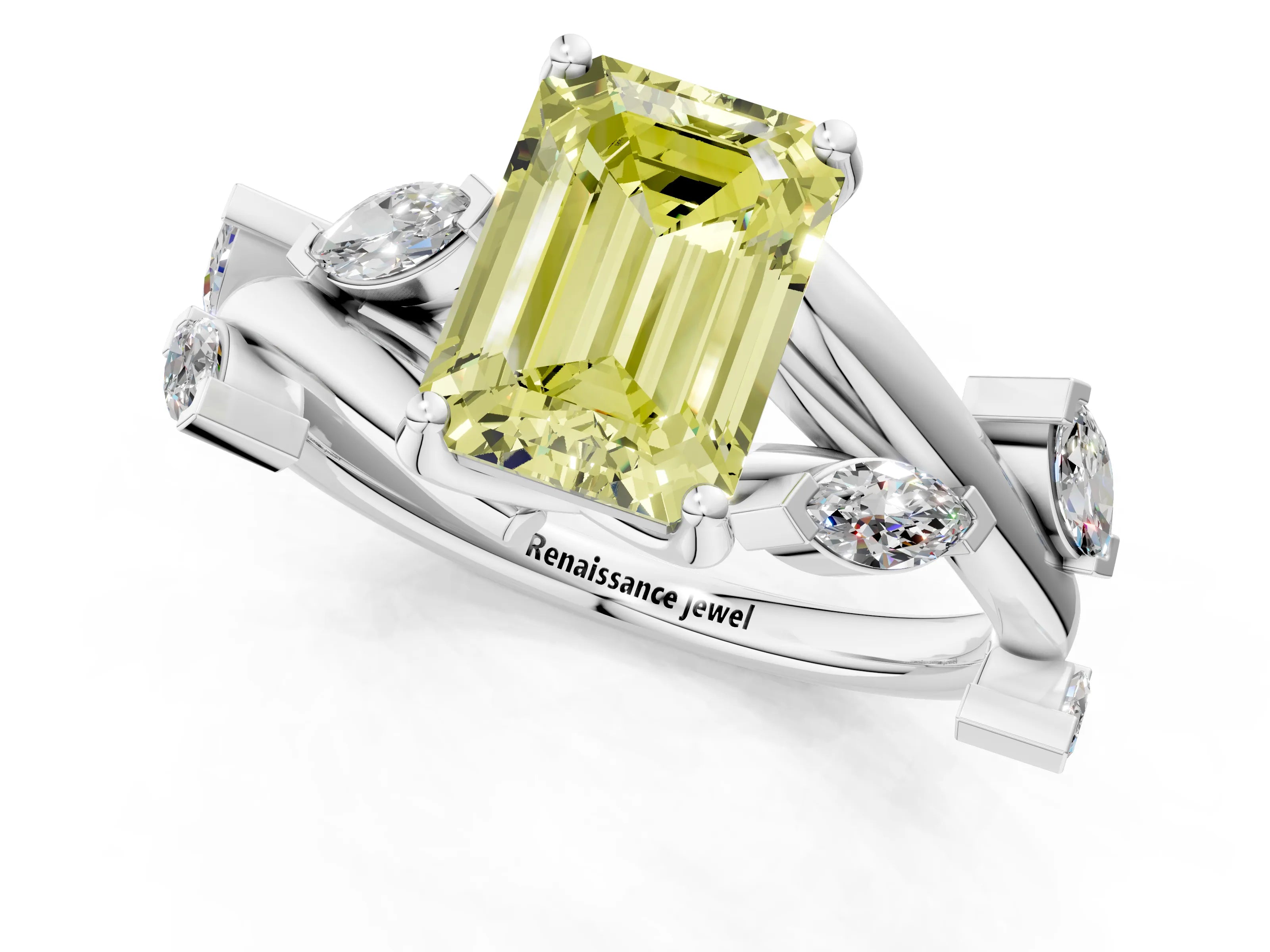 White gold Fancy Yellow Emerald Cut Solitaire Twisted Band Marquise Accent Prong Setting Ring_1