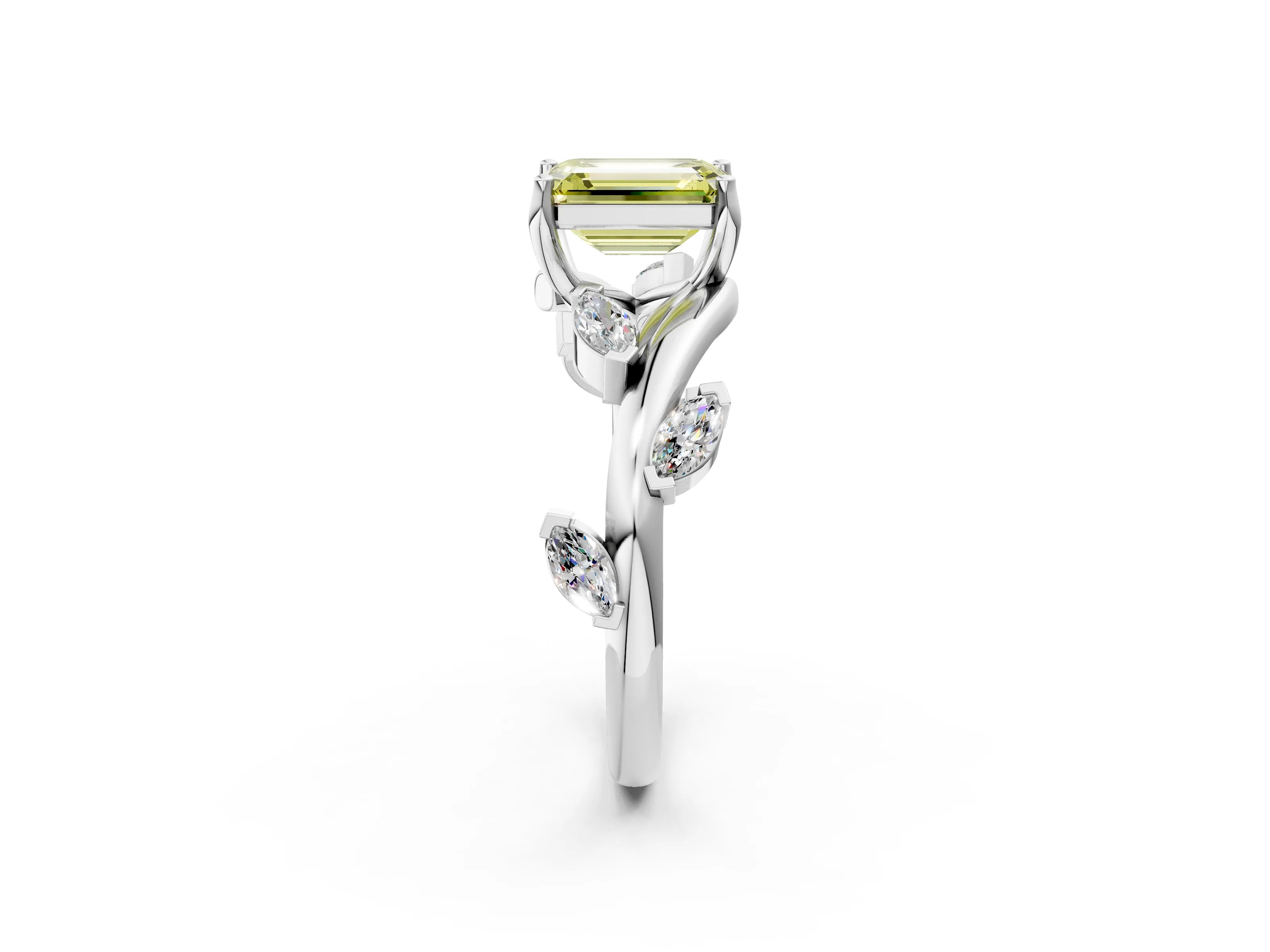 White gold Fancy Yellow Emerald Cut Solitaire Twisted Band Marquise Accent Prong Setting Ring_2