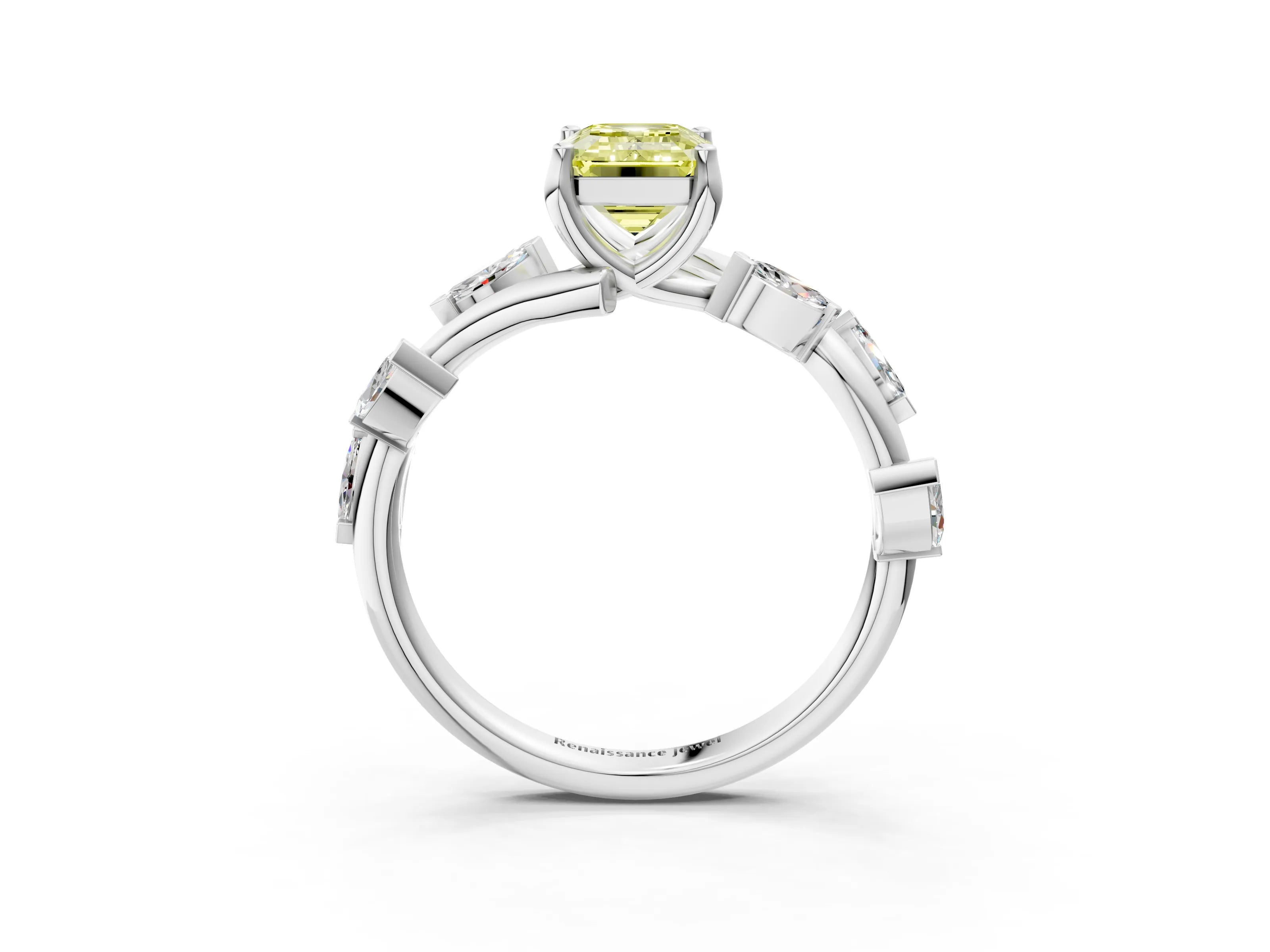 White gold Fancy Yellow Emerald Cut Solitaire Twisted Band Marquise Accent Prong Setting Ring_3