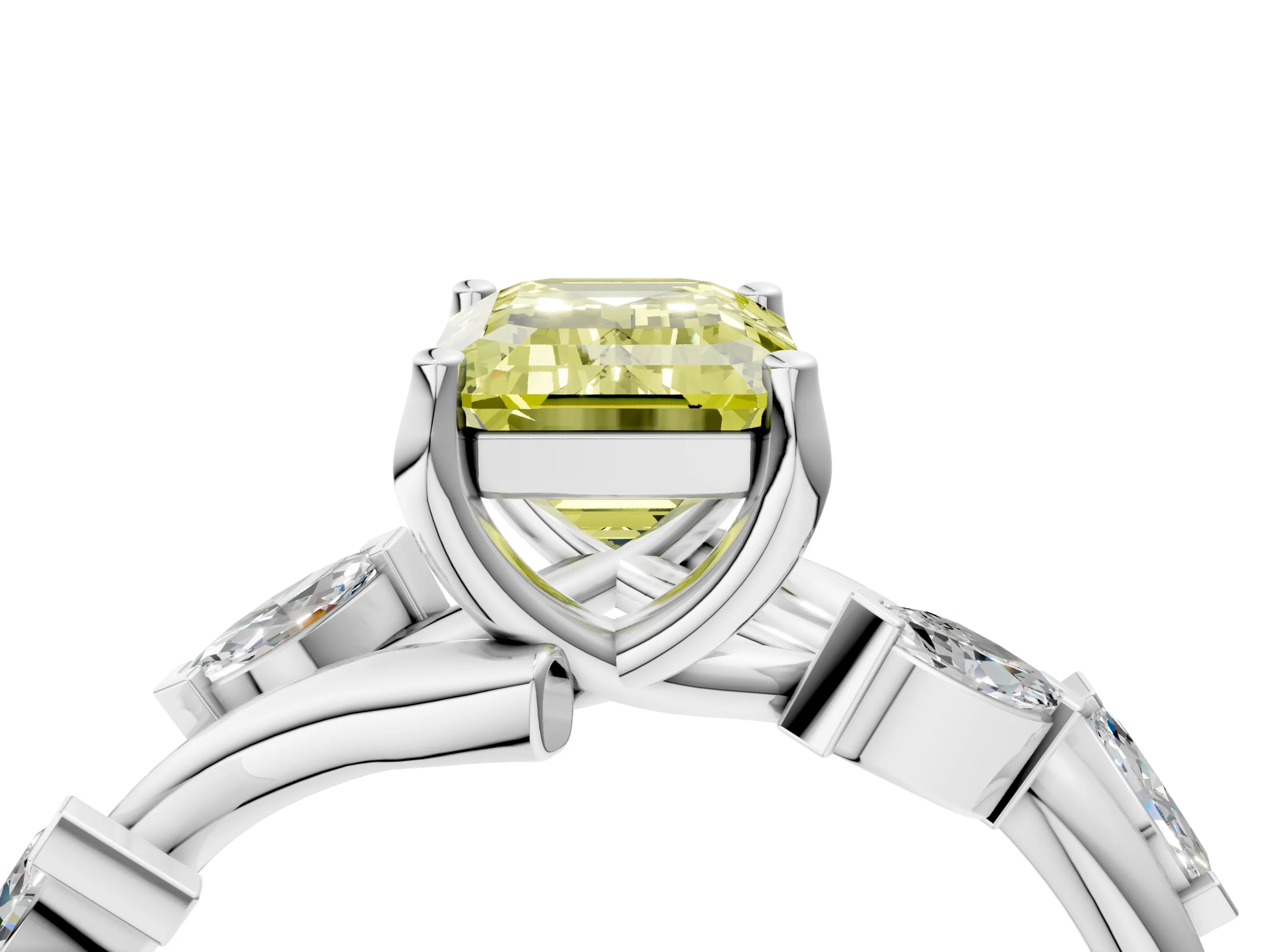 White gold Fancy Yellow Emerald Cut Solitaire Twisted Band Marquise Accent Prong Setting Ring_4