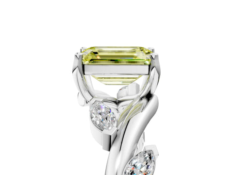 White gold Fancy Yellow Emerald Cut Solitaire Twisted Band Marquise Accent Prong Setting Ring_5