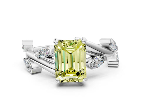 White gold Fancy Yellow Emerald Cut Solitaire Twisted Band Marquise Accent Prong Setting Ring