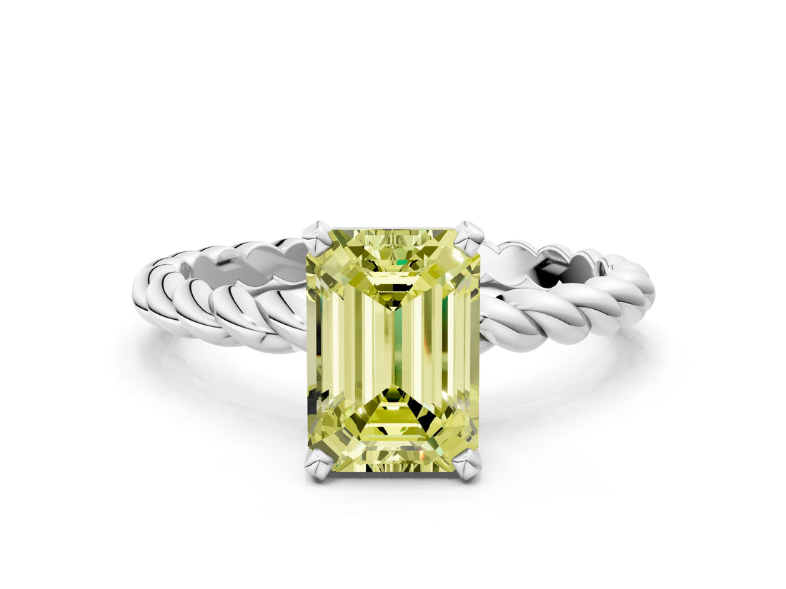White gold Fancy Yellow Emerald  Cut Solitaire Twisted Band with Four-Prong Setting_122