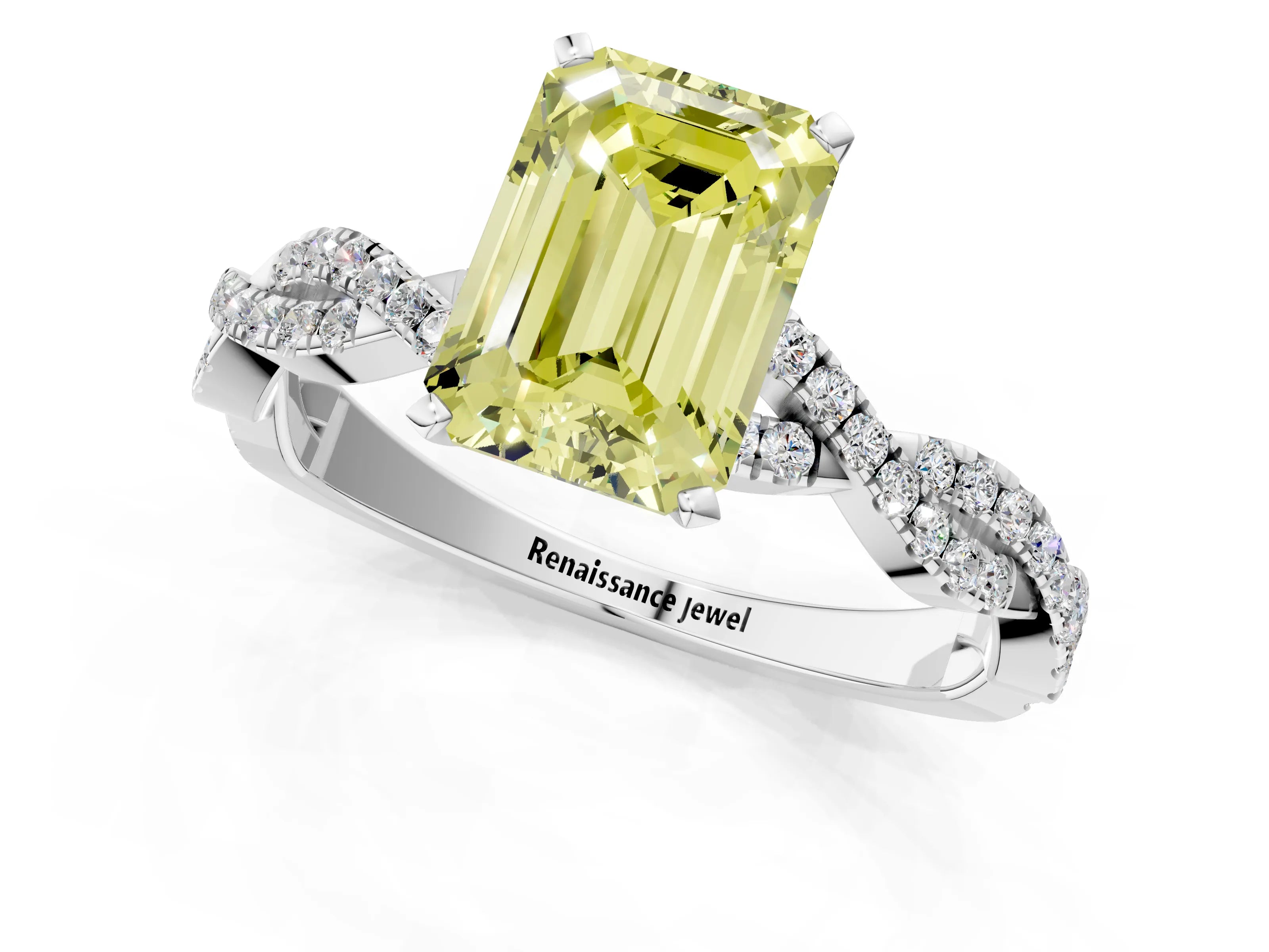 White gold Fancy Yellow Emerald Cut Solitaire Twisted Pave Band with Four-Prong Setting_16