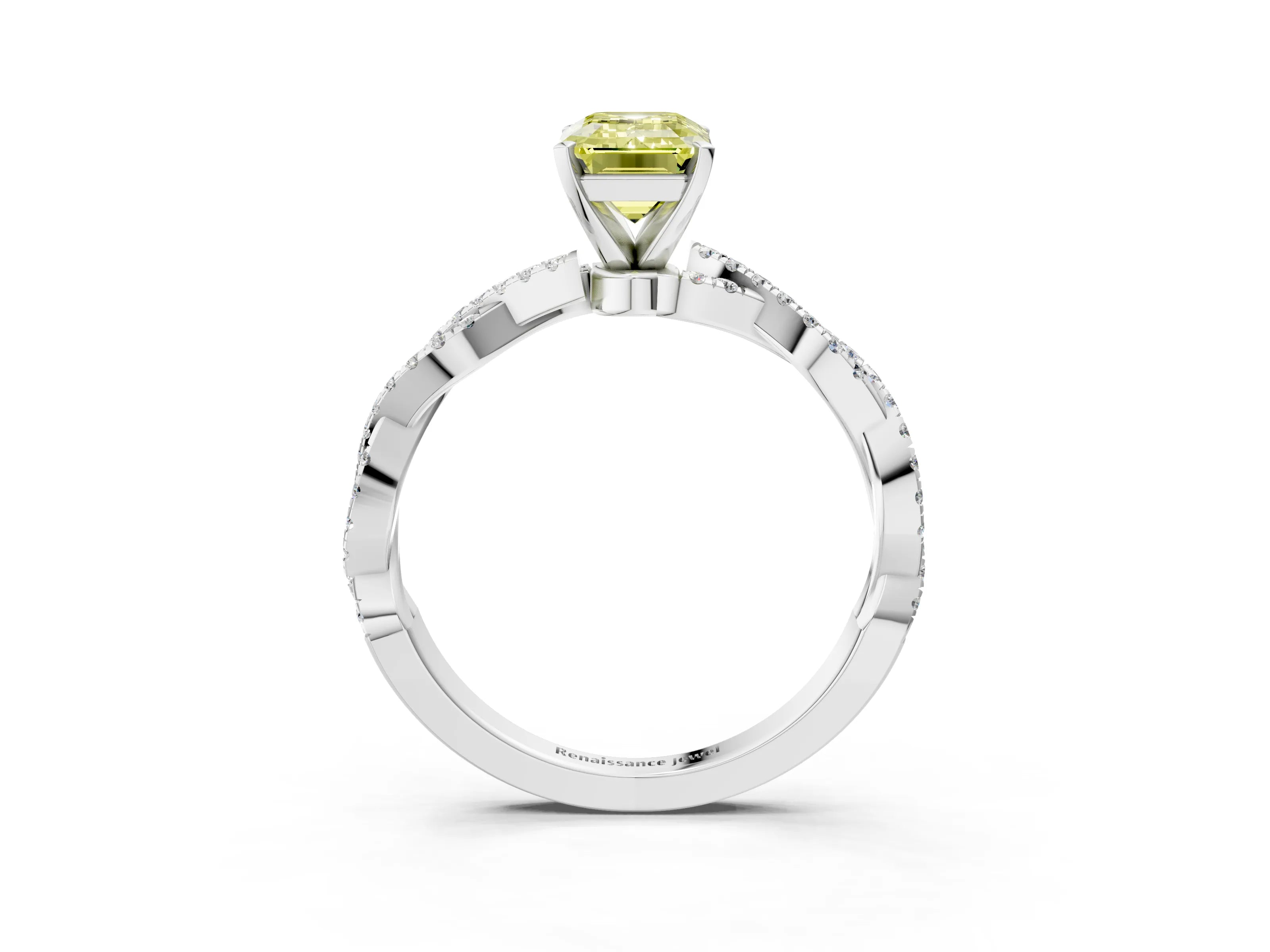 White gold Fancy Yellow Emerald Cut Solitaire Twisted Pave Band with Four-Prong Setting_18