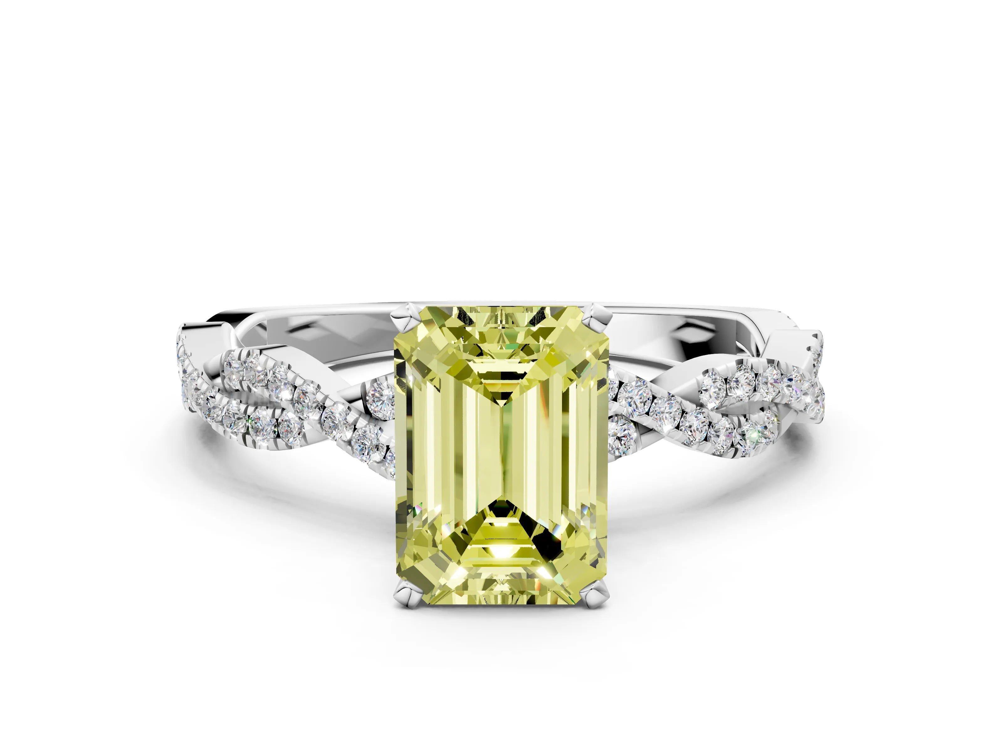 White gold Fancy Yellow Emerald Cut Solitaire Twisted Pave Band with Four-Prong Setting_3