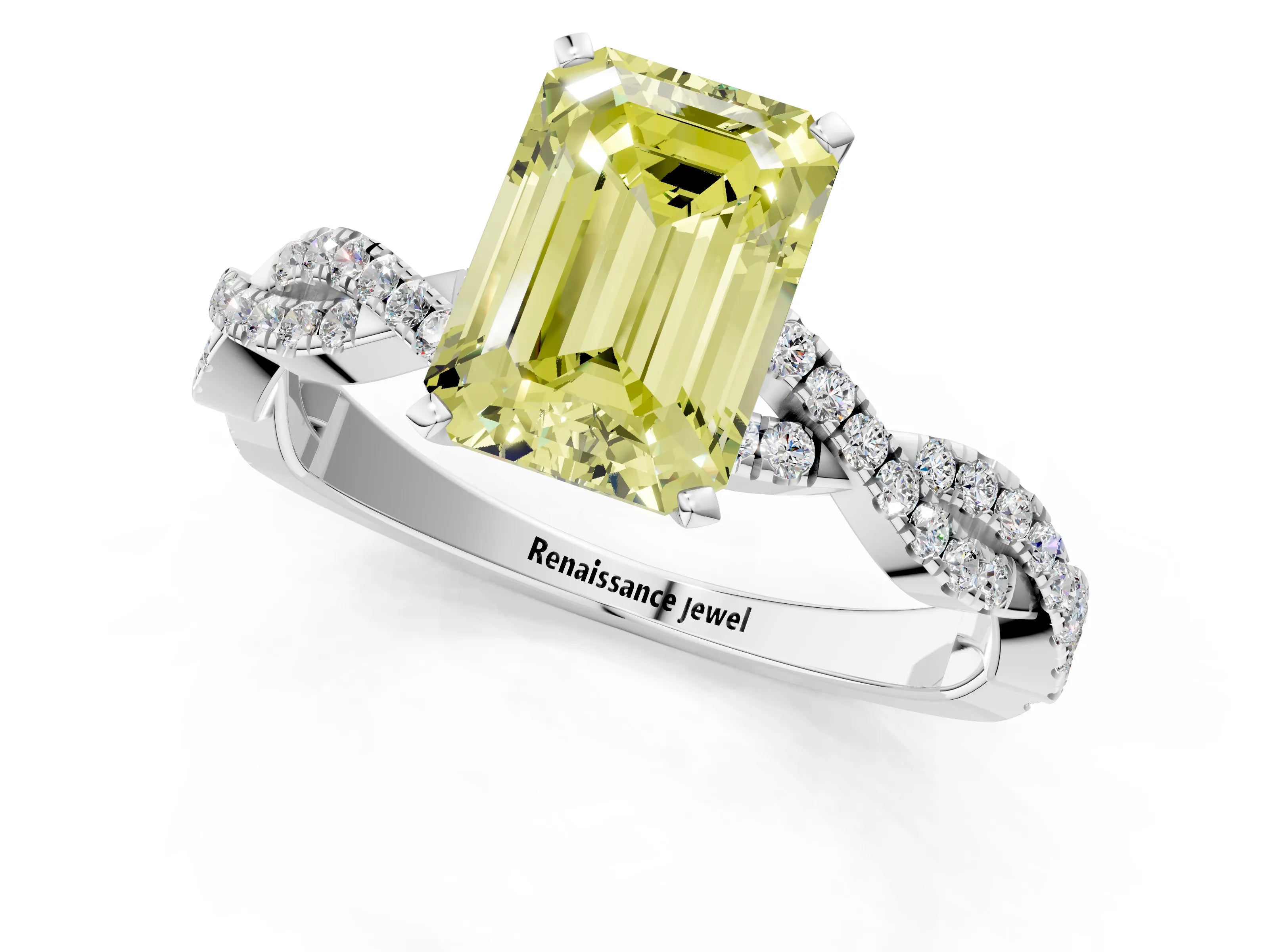 White gold Fancy Yellow Emerald Cut Solitaire Twisted Pave Band with Four-Prong Setting_4