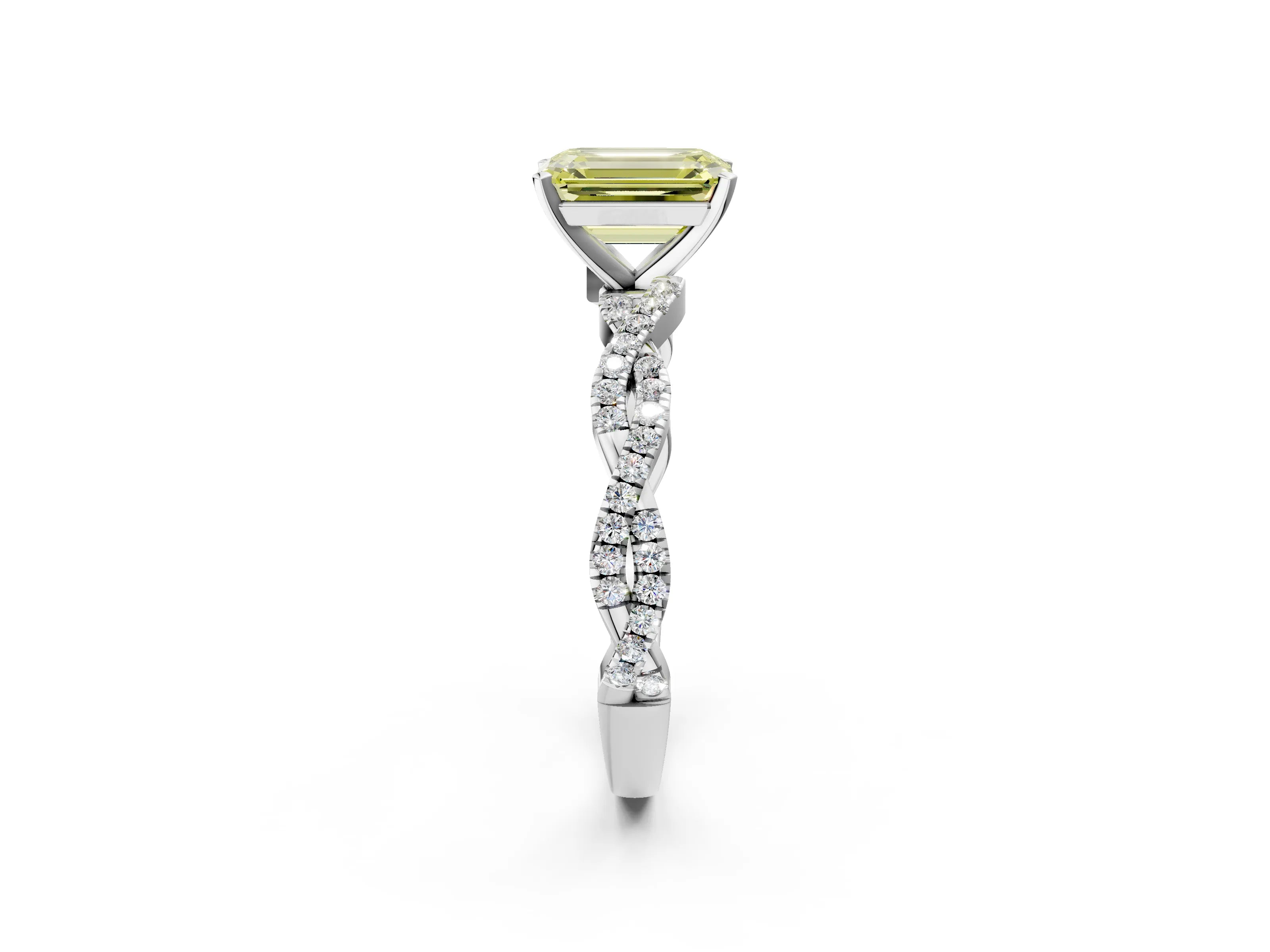 White gold Fancy Yellow Emerald Cut Solitaire Twisted Pave Band with Four-Prong Setting_5