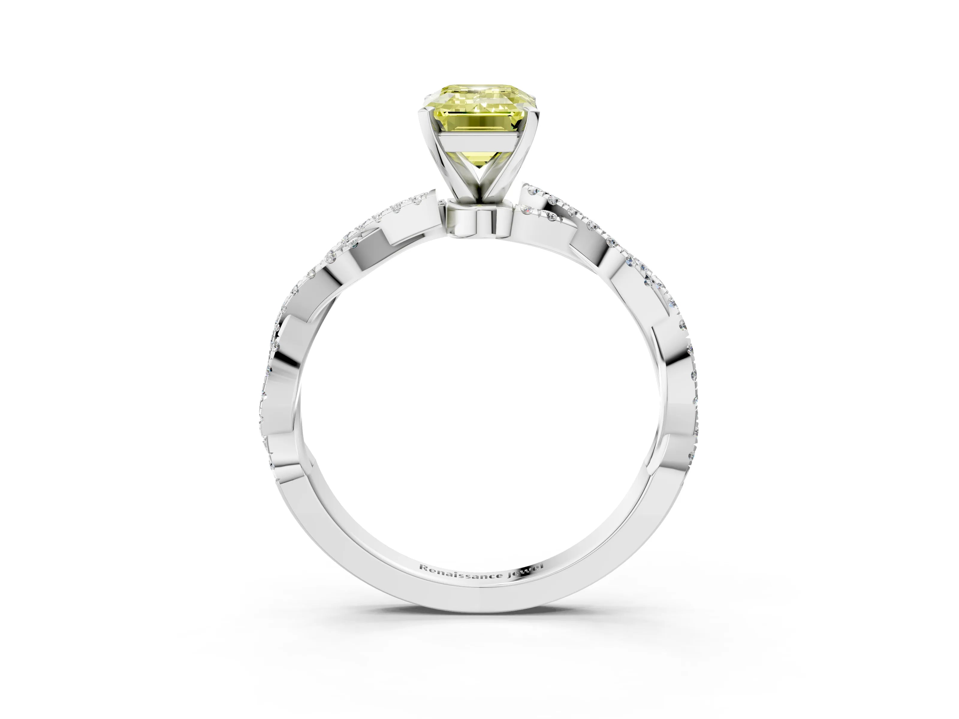 White gold Fancy Yellow Emerald Cut Solitaire Twisted Pave Band with Four-Prong Setting_6