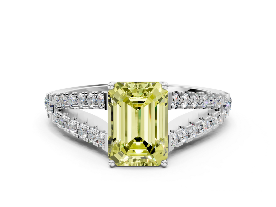 White gold Fancy Yellow Emerald  Cut Split Shank Pave Diamond Engagement Ring with Four-Prong Setting_24