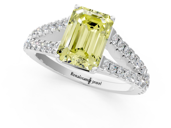 Platinum Fancy Yellow Emerald  Cut Split Shank Pave Diamond Engagement Ring with Four-Prong Setting