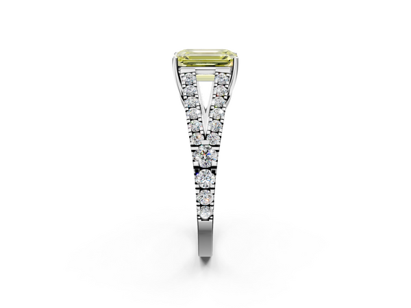 Platinum Fancy Yellow Emerald  Cut Split Shank Pave Diamond Engagement Ring with Four-Prong Setting