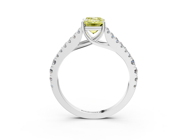 Platinum Fancy Yellow Emerald  Cut Split Shank Pave Diamond Engagement Ring with Four-Prong Setting