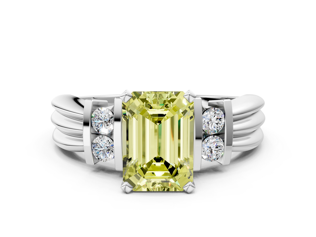 White gold Fancy Yellow Emerald  Cut Three-Stone Channel Set Ring with Bar Prongs_63