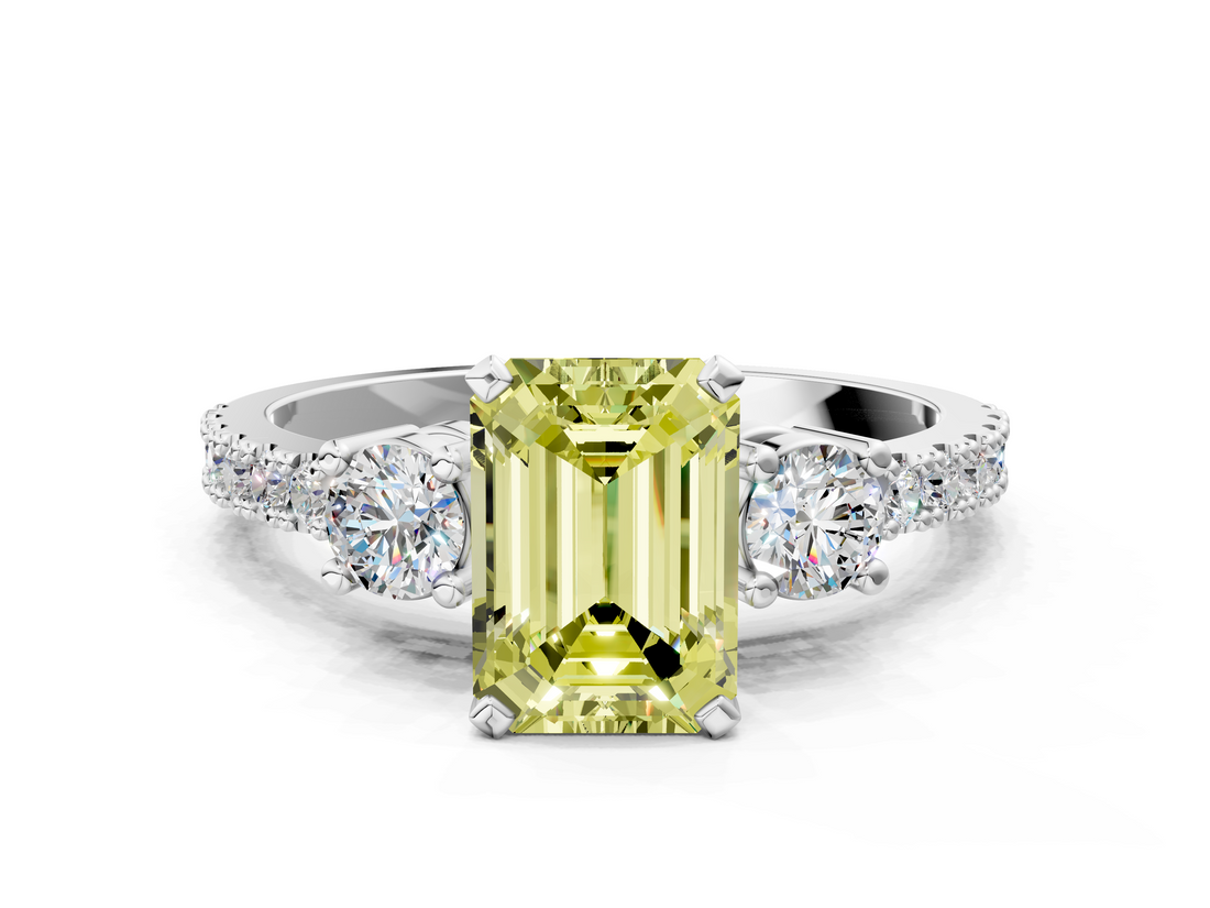 White gold Fancy Yellow Emerald  Cut Three-Stone Diamond Pavé Band with Prong Setting_17
