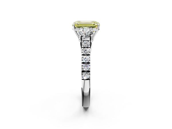 White gold Fancy Yellow Emerald  Cut Diamond Three-Stone Ring with Round Side Stones and Pavé Band