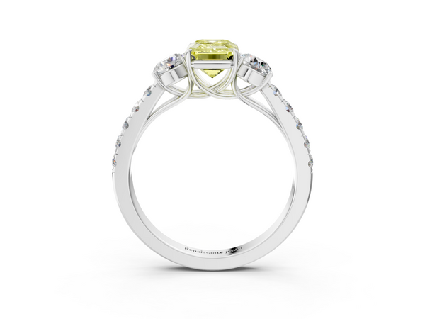 White gold Fancy Yellow Emerald  Cut Diamond Three-Stone Ring with Round Side Stones and Pavé Band