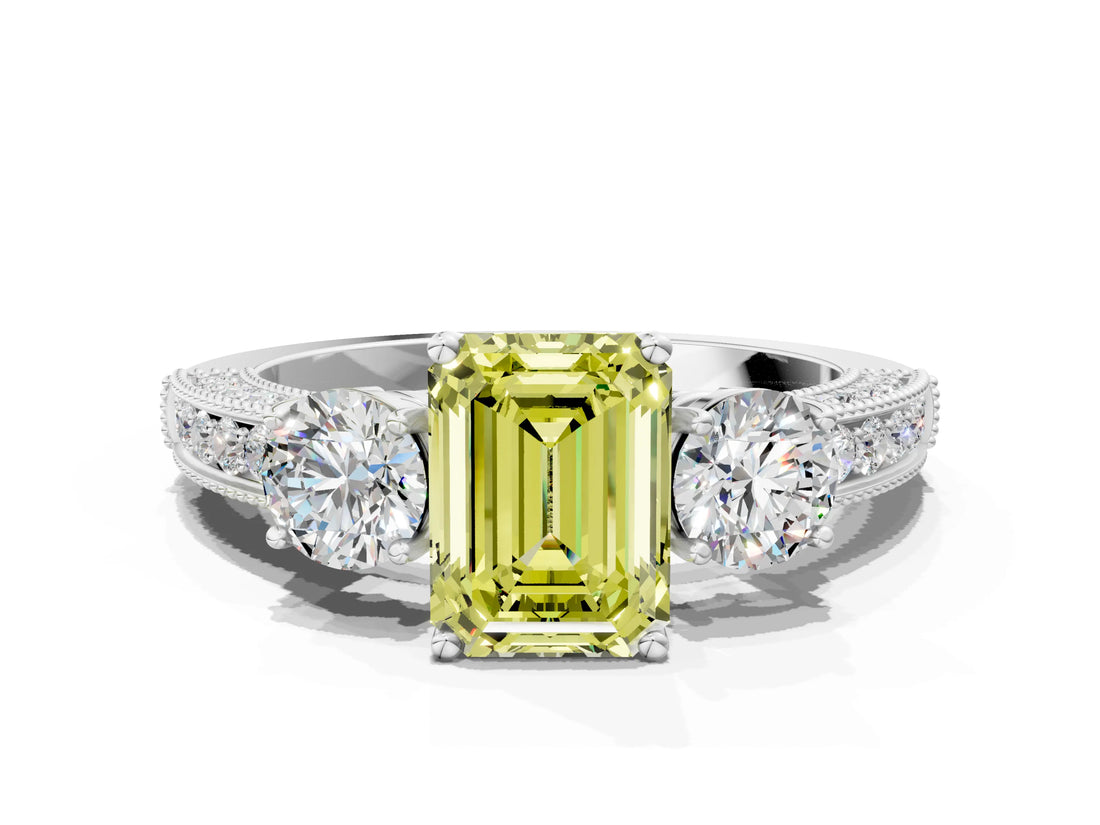 White gold Fancy Yellow Emerald Cut Three-Stone Diamond Ring with Pavé Band and Four-Prong Setting_12