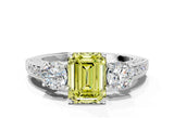 White gold Fancy Yellow Emerald Cut Three-Stone Diamond Ring with Pavé Band and Four-Prong Setting_12