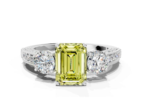 White gold Fancy Yellow Emerald Cut Three-Stone Diamond Ring with Pavé Band and Four-Prong Setting_12