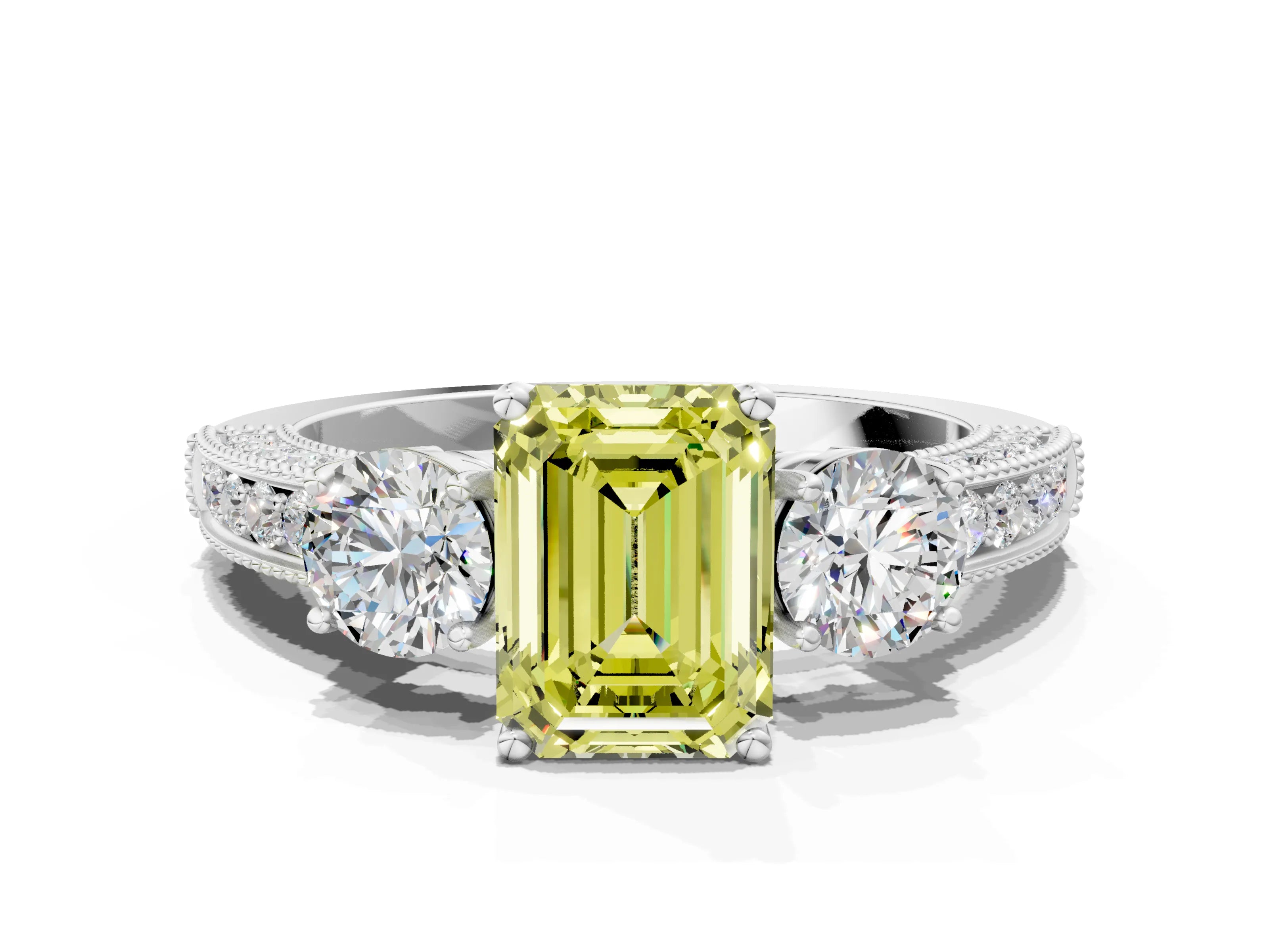 White gold Fancy Yellow Emerald Cut Three-Stone Diamond Ring with Pavé Band and Four-Prong Setting_12