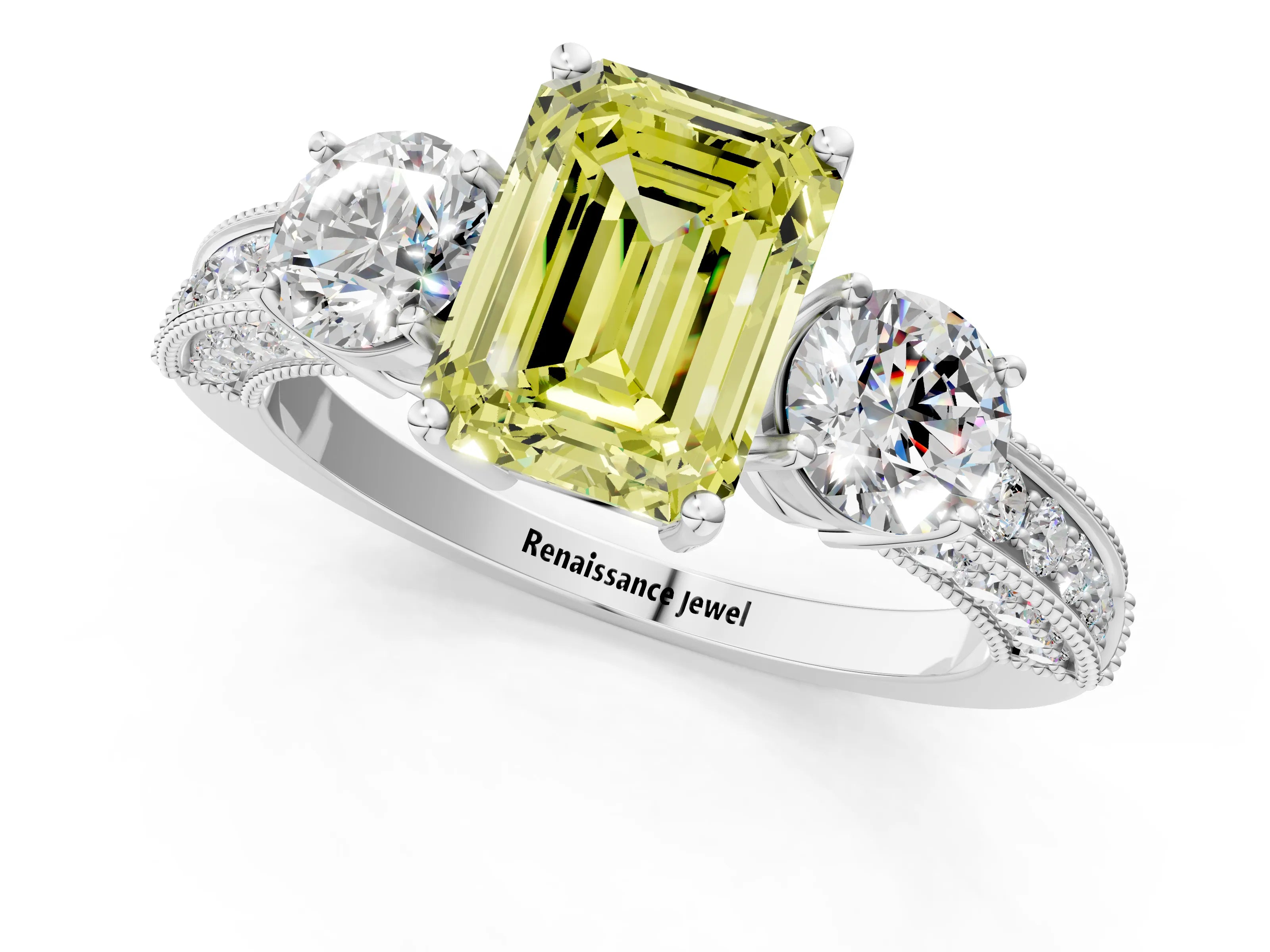 White gold Fancy Yellow Emerald Cut Three-Stone Diamond Ring with Pavé Band and Four-Prong Setting_13