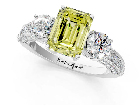 White gold Fancy Yellow Emerald Cut Three-Stone Diamond Ring with Pavé Band and Four-Prong Setting_13