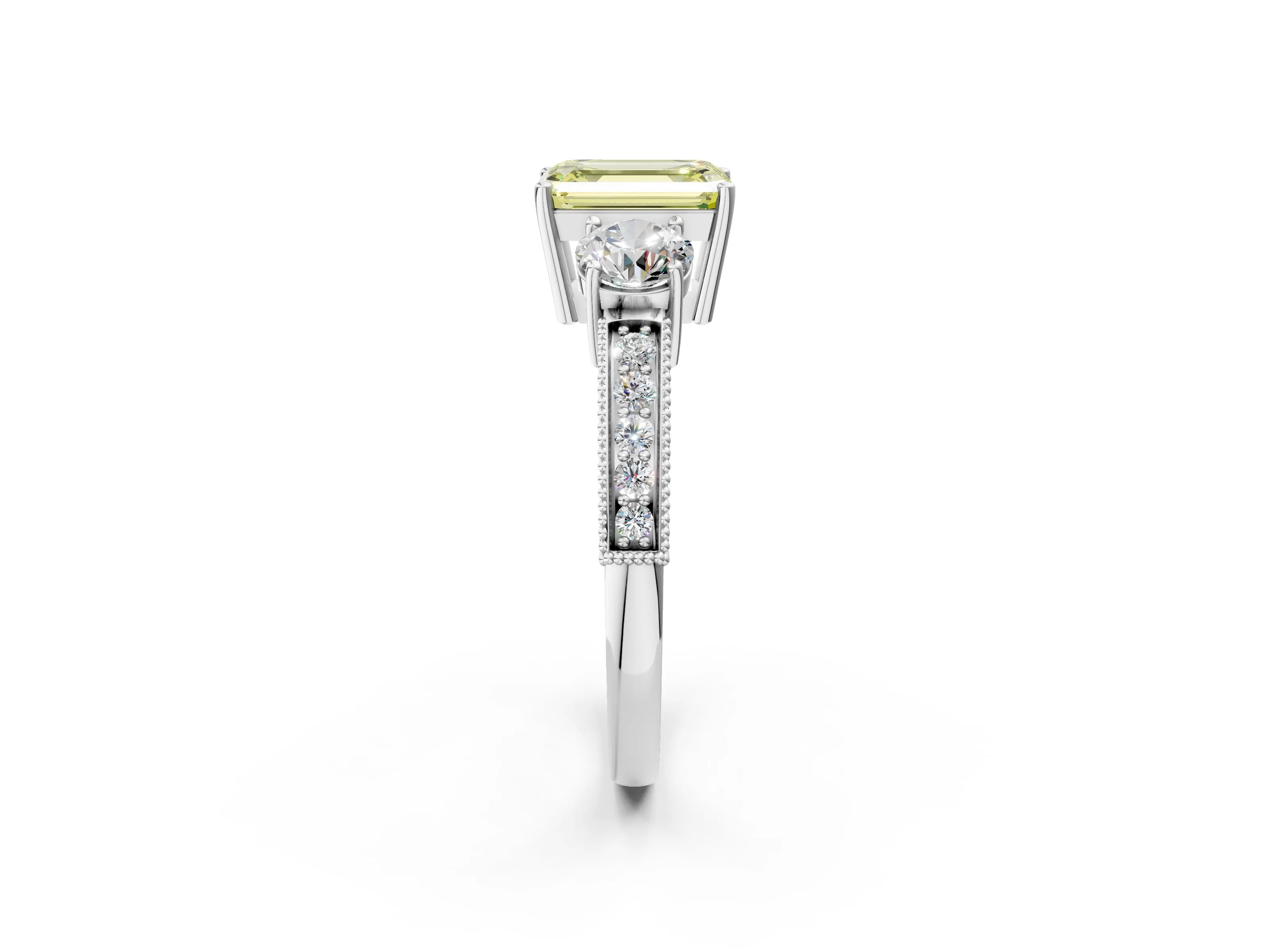 White gold Fancy Yellow Emerald Cut Three-Stone Diamond Ring with Pavé Band and Four-Prong Setting_14