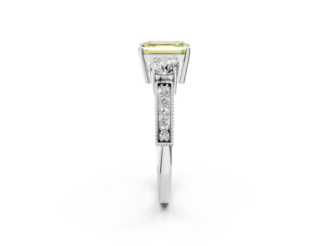 White gold Fancy Yellow Emerald Cut Three-Stone Diamond Ring with Pavé Band and Four-Prong Setting_14