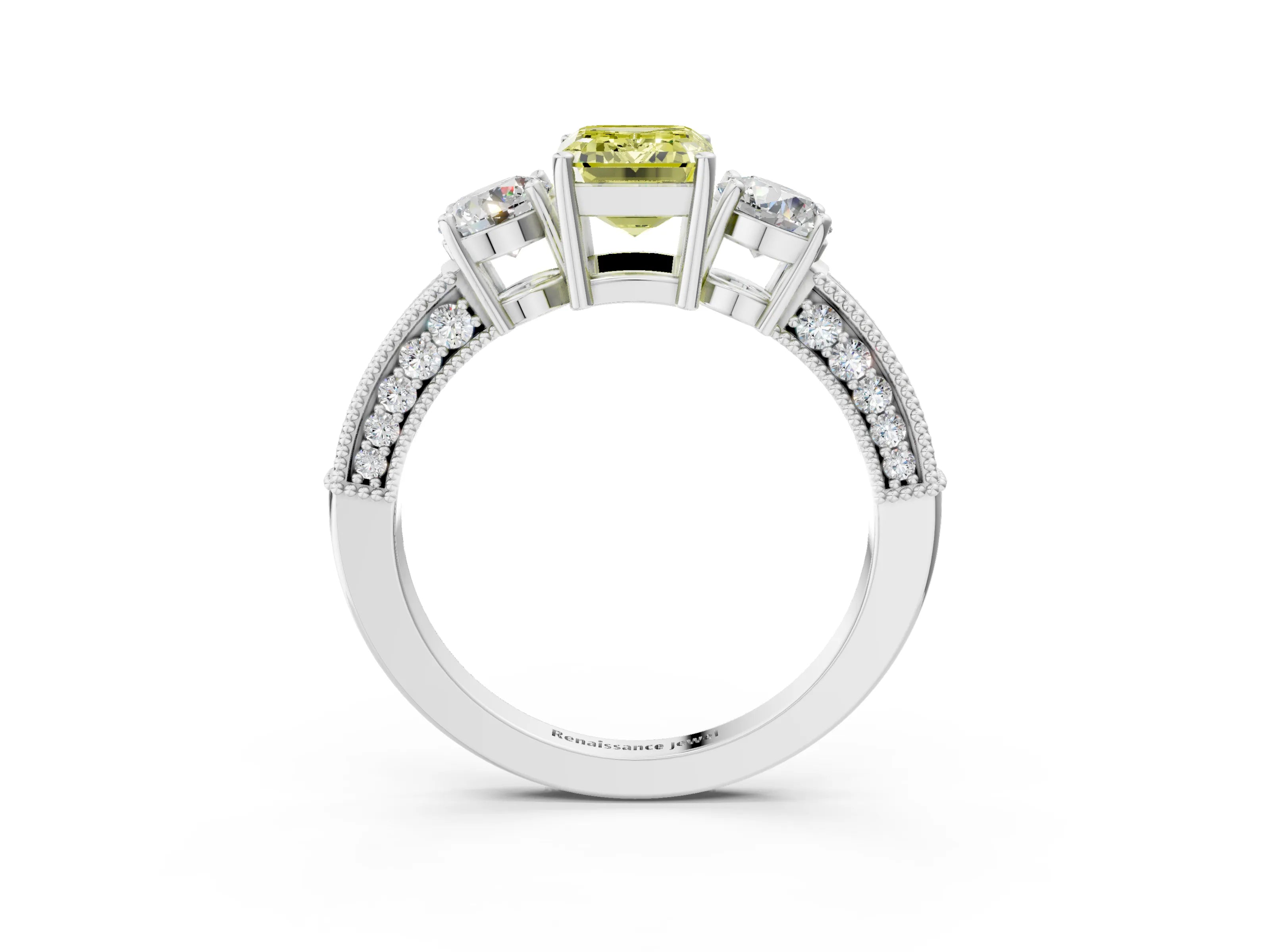 White gold Fancy Yellow Emerald Cut Three-Stone Diamond Ring with Pavé Band and Four-Prong Setting_15