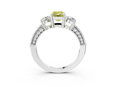 White gold Fancy Yellow Emerald Cut Three-Stone Diamond Ring with Pavé Band and Four-Prong Setting_15